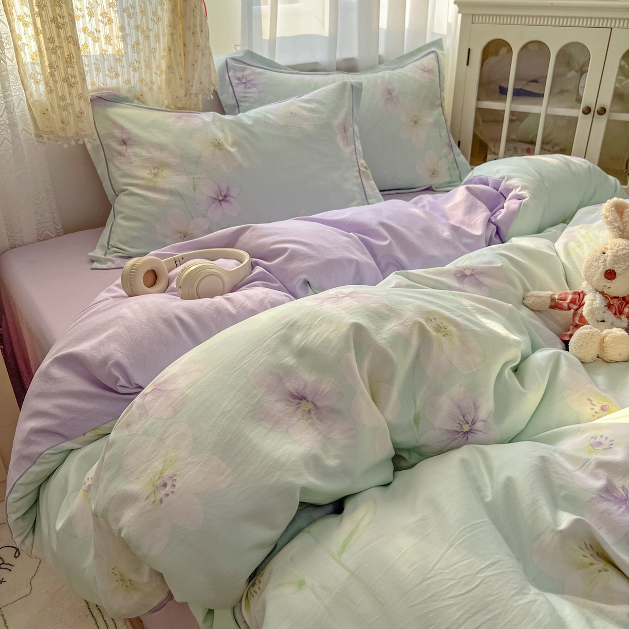 91家纺网 家纺一手货源 找家纺 亨通家纺 2025新款爆款韩国小布袋古法水洗棉云感棉四件套【提供买家秀】 昭华绪-绿