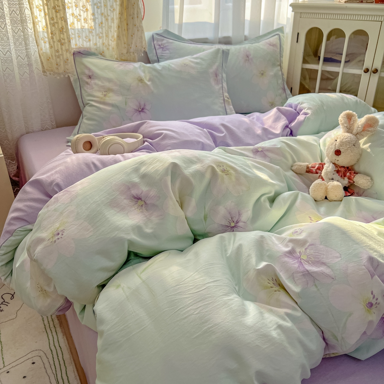 91家纺网 家纺一手货源 找家纺 亨通家纺 2025新款爆款韩国小布袋古法水洗棉云感棉四件套【提供买家秀】 昭华绪-绿