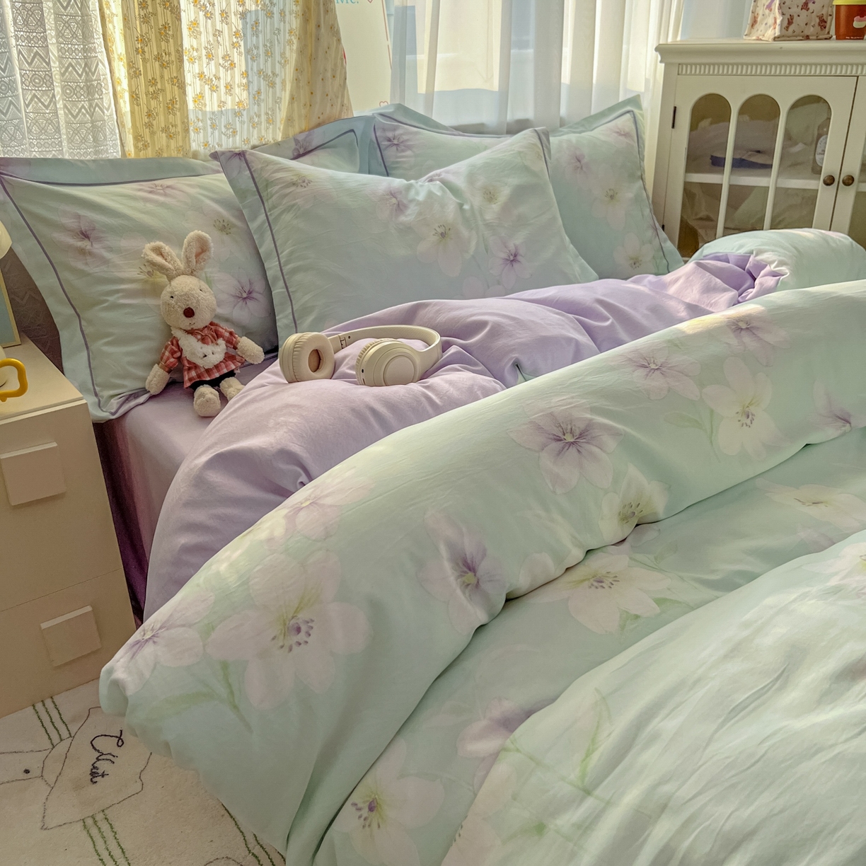 91家纺网 家纺一手货源 找家纺 亨通家纺 2025新款爆款韩国小布袋古法水洗棉云感棉四件套【提供买家秀】 昭华绪-绿