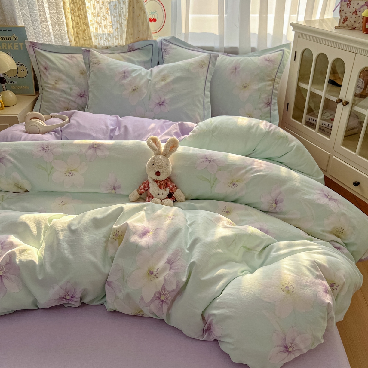 91家纺网 家纺一手货源 找家纺 亨通家纺 2025新款爆款韩国小布袋古法水洗棉云感棉四件套【提供买家秀】 昭华绪-绿