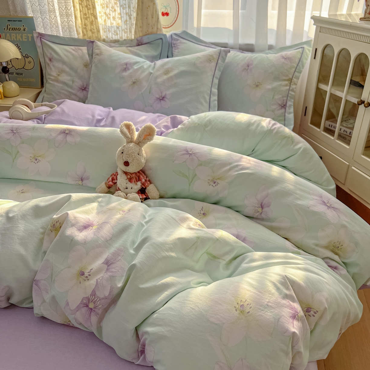 91家纺网 家纺一手货源 找家纺 亨通家纺 2025新款爆款韩国小布袋古法水洗棉云感棉四件套【提供买家秀】 昭华绪-绿