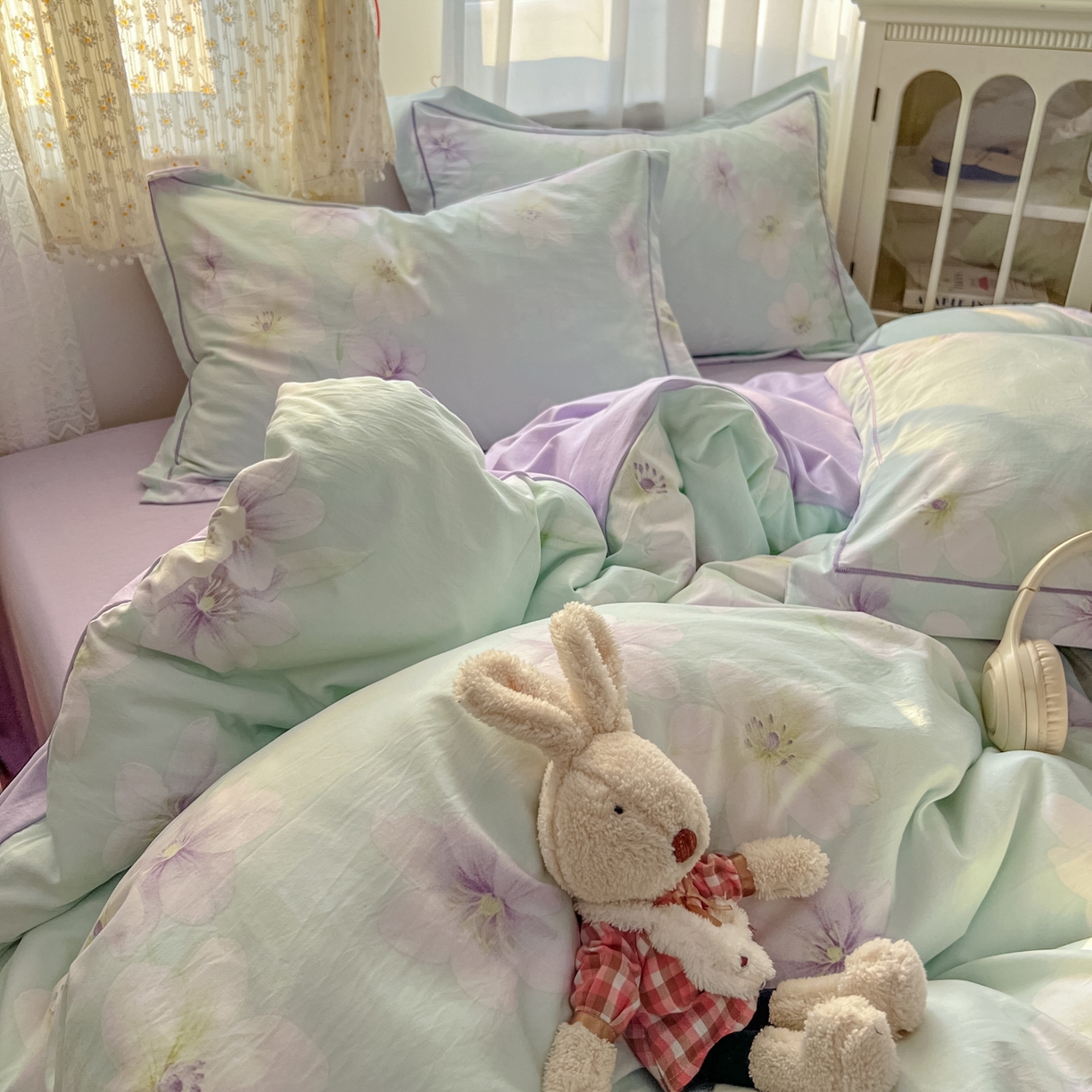 91家纺网 家纺一手货源 找家纺 亨通家纺 2025新款爆款韩国小布袋古法水洗棉云感棉四件套【提供买家秀】 昭华绪-绿