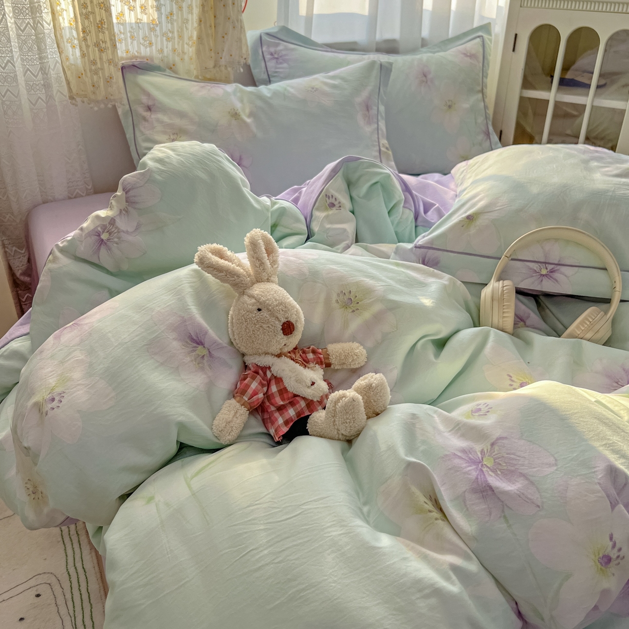 91家纺网 家纺一手货源 找家纺 亨通家纺 2025新款爆款韩国小布袋古法水洗棉云感棉四件套【提供买家秀】 昭华绪-绿