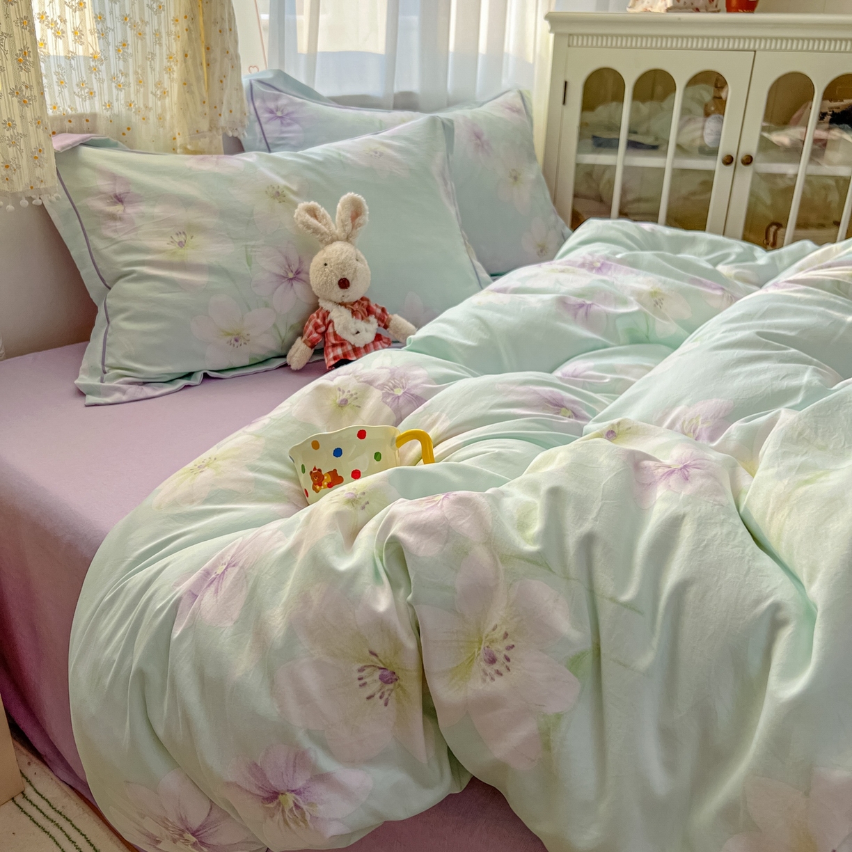 91家纺网 家纺一手货源 找家纺 亨通家纺 2025新款爆款韩国小布袋古法水洗棉云感棉四件套【提供买家秀】 昭华绪-绿