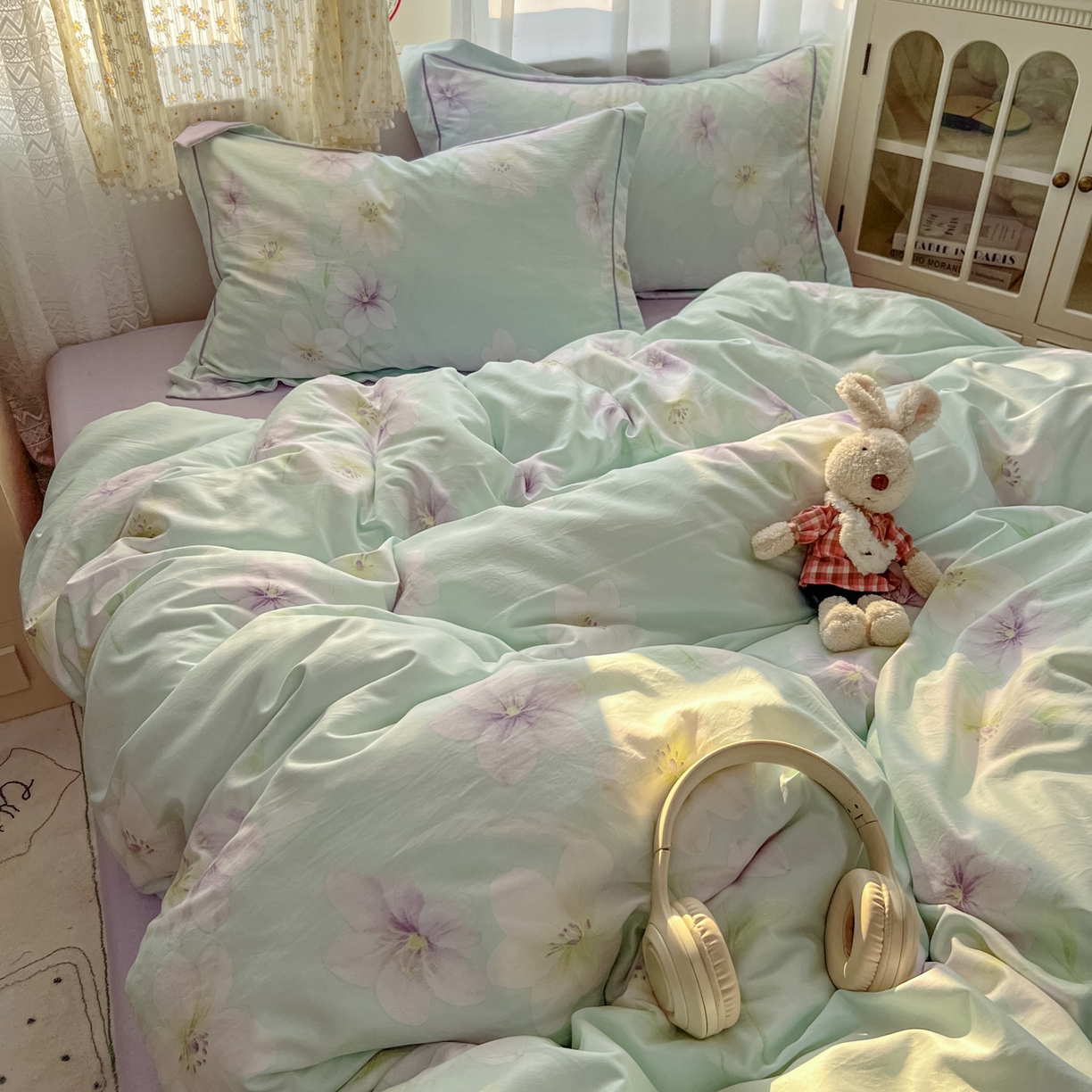 91家纺网 家纺一手货源 找家纺 亨通家纺 2025新款爆款韩国小布袋古法水洗棉云感棉四件套【提供买家秀】 昭华绪-绿