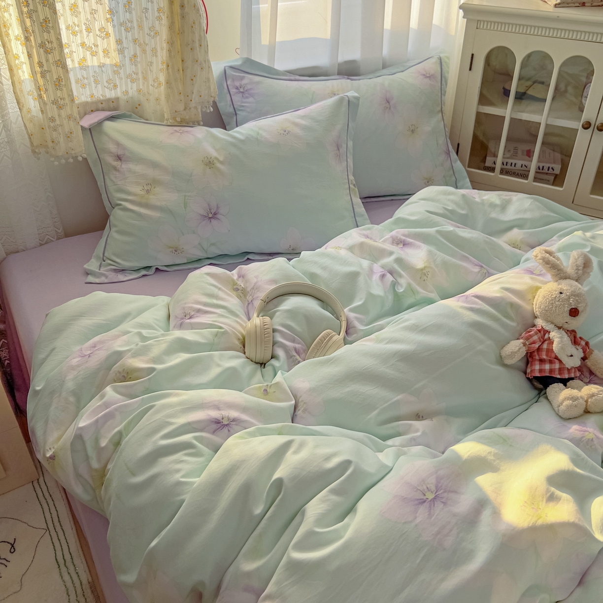 91家纺网 家纺一手货源 找家纺 亨通家纺 2025新款爆款韩国小布袋古法水洗棉云感棉四件套【提供买家秀】 昭华绪-绿