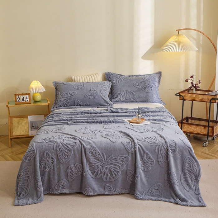 栩裕纺织 2024新款蝴蝶提花卷边款多功能毛毯 蓝灰-卷边款