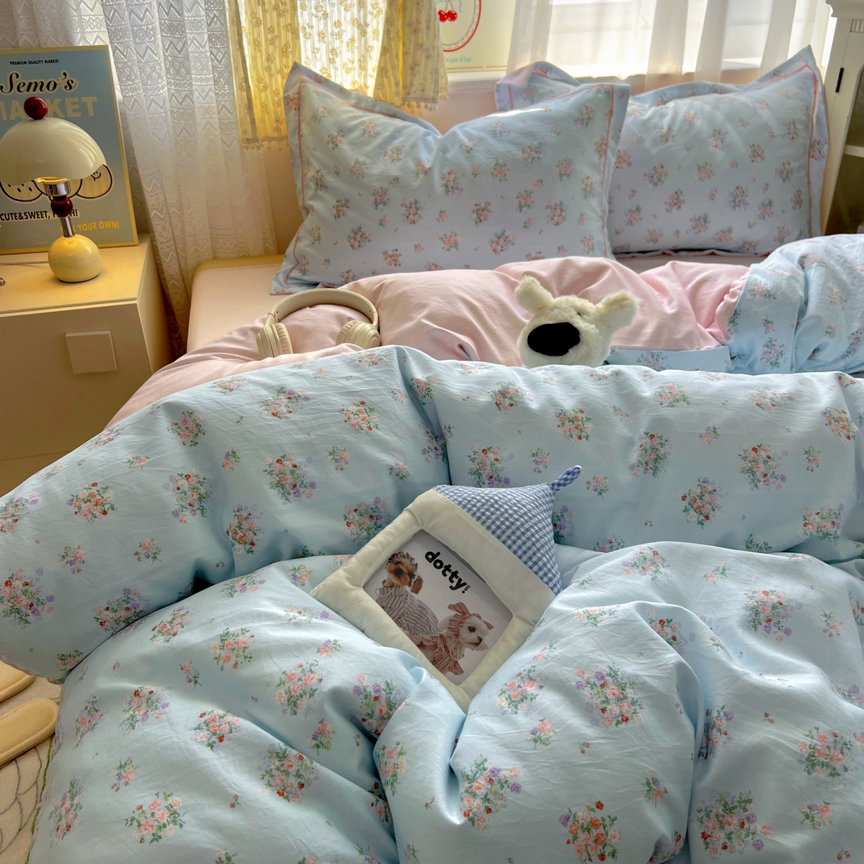 91家纺网 家纺一手货源 找家纺 亨通家纺 2025新款爆款韩国小布袋古法水洗棉云感棉四件套【提供买家秀】 栀香入梦-蓝