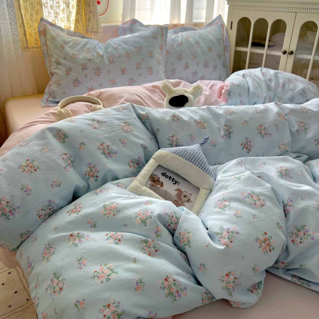 91家纺网 家纺一手货源 找家纺 亨通家纺 2025新款爆款韩国小布袋古法水洗棉云感棉四件套【提供买家秀】 栀香入梦-蓝