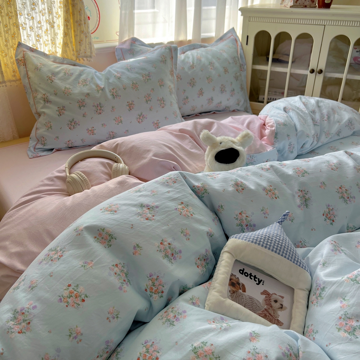 91家纺网 家纺一手货源 找家纺 亨通家纺 2025新款爆款韩国小布袋古法水洗棉云感棉四件套【提供买家秀】 栀香入梦-蓝