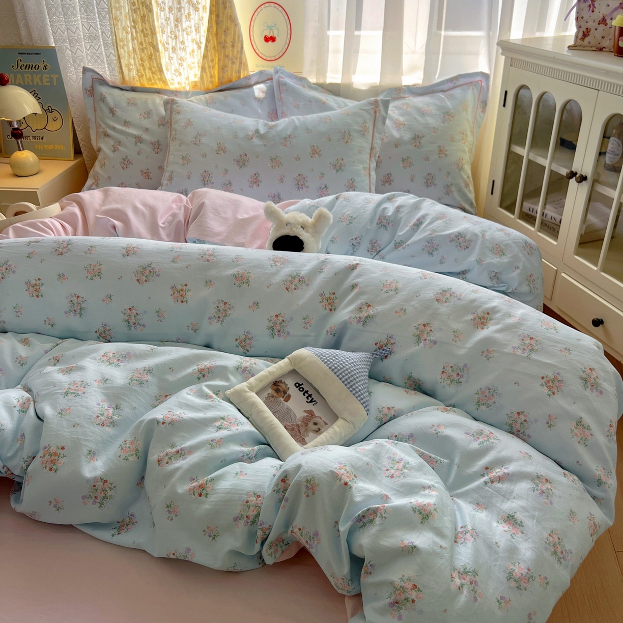 91家纺网 家纺一手货源 找家纺 亨通家纺 2025新款爆款韩国小布袋古法水洗棉云感棉四件套【提供买家秀】 栀香入梦-蓝