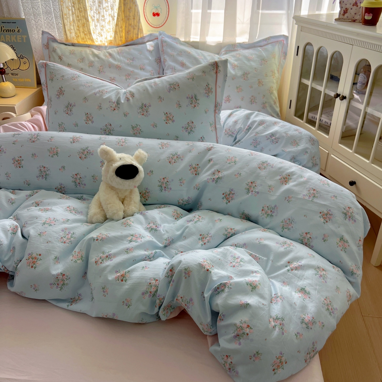 91家纺网 家纺一手货源 找家纺 亨通家纺 2025新款爆款韩国小布袋古法水洗棉云感棉四件套【提供买家秀】 栀香入梦-蓝