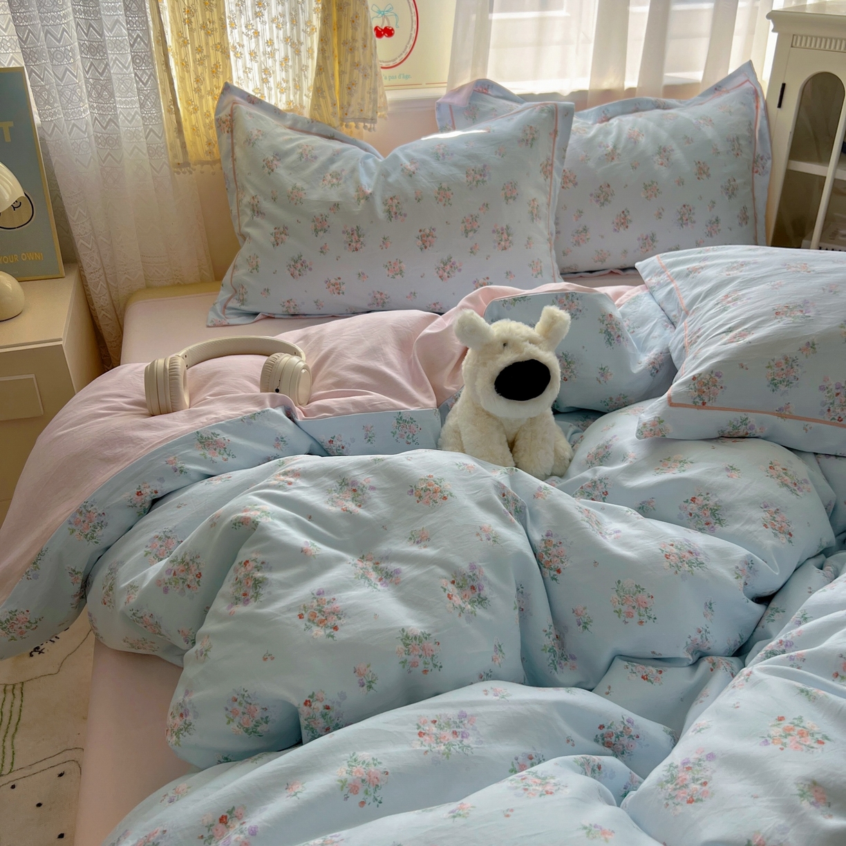 91家纺网 家纺一手货源 找家纺 亨通家纺 2025新款爆款韩国小布袋古法水洗棉云感棉四件套【提供买家秀】 栀香入梦-蓝