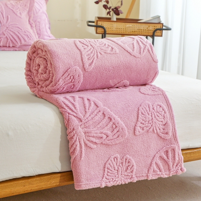 91家纺网 家纺一手货源 找家纺 栩裕纺织 2024新款蝴蝶提花卷边款多功能毛毯 玫瑰粉-卷边款