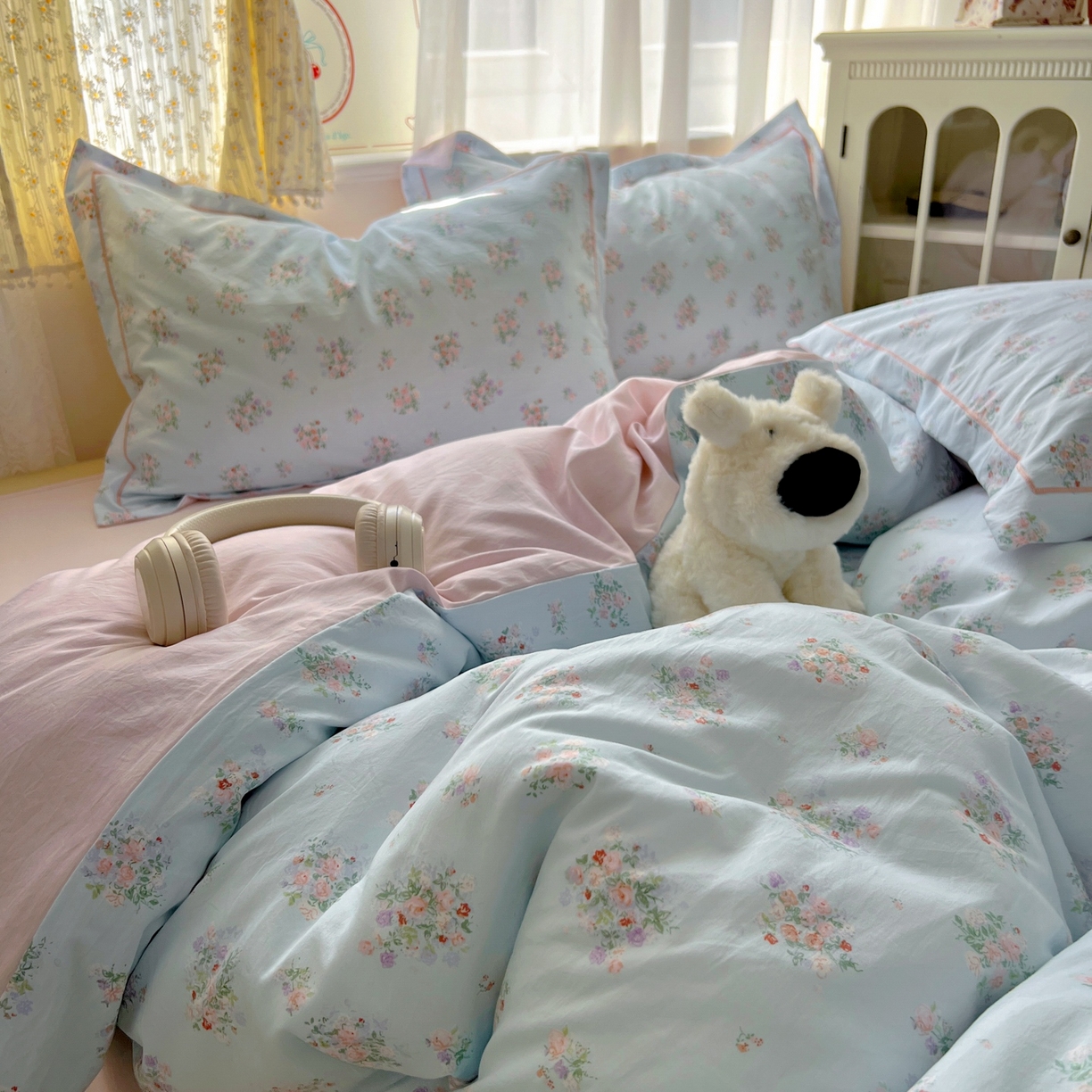 91家纺网 家纺一手货源 找家纺 亨通家纺 2025新款爆款韩国小布袋古法水洗棉云感棉四件套【提供买家秀】 栀香入梦-蓝