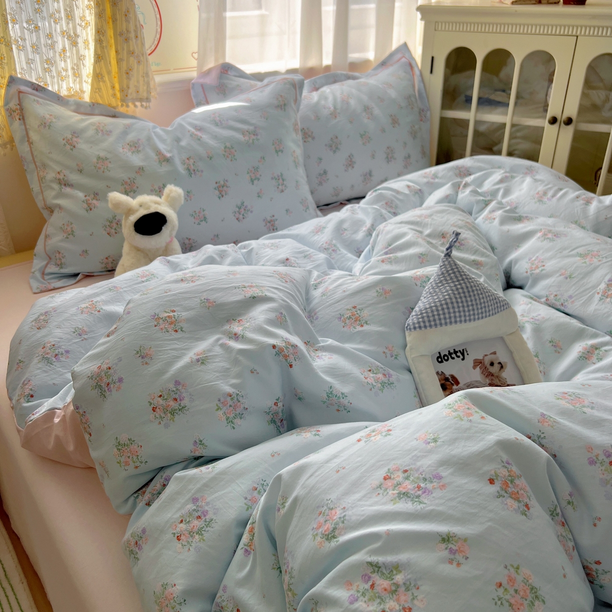 91家纺网 家纺一手货源 找家纺 亨通家纺 2025新款爆款韩国小布袋古法水洗棉云感棉四件套【提供买家秀】 栀香入梦-蓝