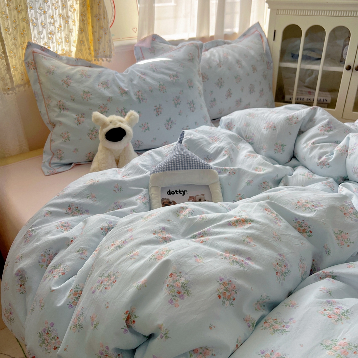 91家纺网 家纺一手货源 找家纺 亨通家纺 2025新款爆款韩国小布袋古法水洗棉云感棉四件套【提供买家秀】 栀香入梦-蓝