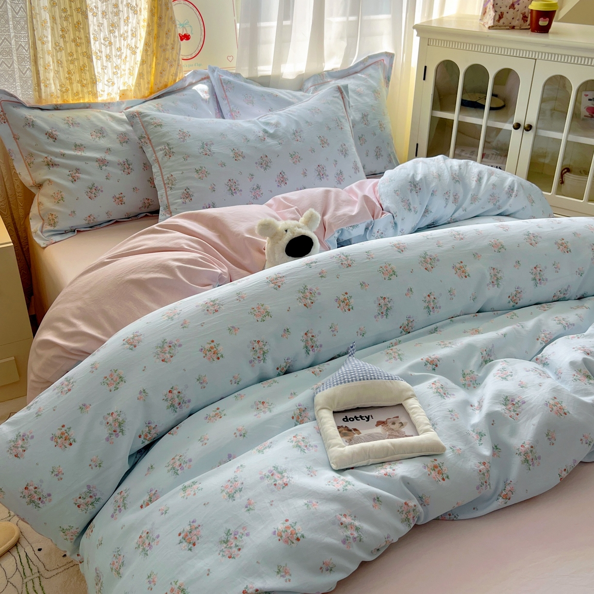 91家纺网 家纺一手货源 找家纺 亨通家纺 2025新款爆款韩国小布袋古法水洗棉云感棉四件套【提供买家秀】 栀香入梦-蓝