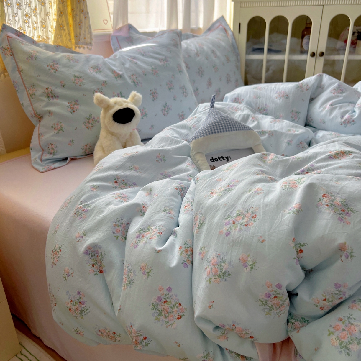 91家纺网 家纺一手货源 找家纺 亨通家纺 2025新款爆款韩国小布袋古法水洗棉云感棉四件套【提供买家秀】 栀香入梦-蓝