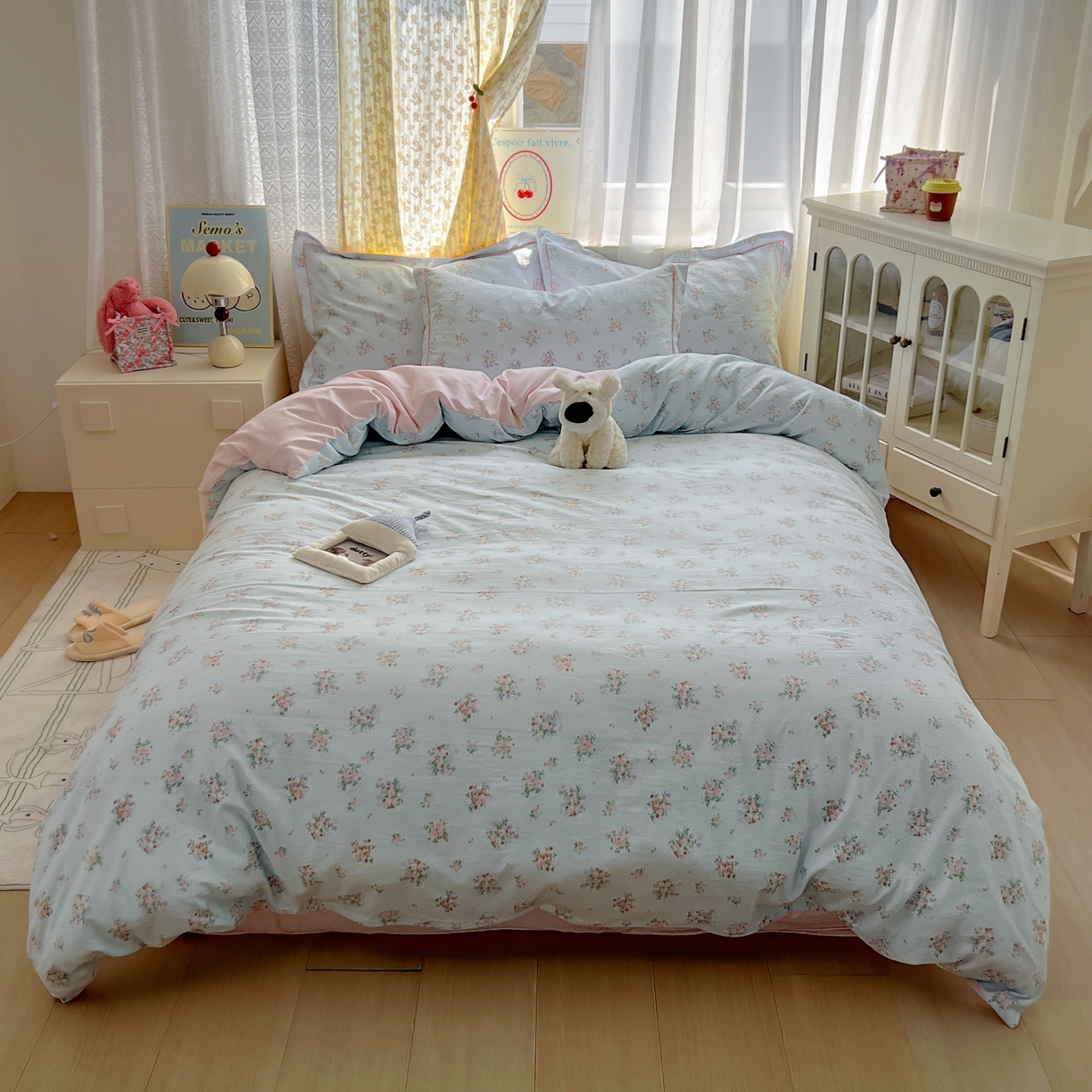 91家纺网 家纺一手货源 找家纺 亨通家纺 2025新款爆款韩国小布袋古法水洗棉云感棉四件套【提供买家秀】 栀香入梦-蓝