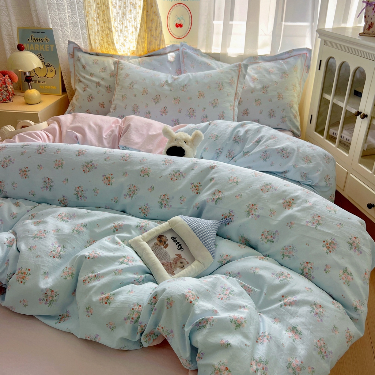 91家纺网 家纺一手货源 找家纺 亨通家纺 2025新款爆款韩国小布袋古法水洗棉云感棉四件套【提供买家秀】 栀香入梦-蓝