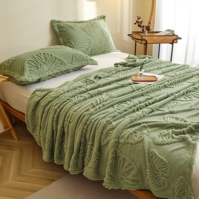 91家纺网 家纺一手货源 找家纺 栩裕纺织 2024新款蝴蝶提花卷边款多功能毛毯 抹茶绿-卷边款