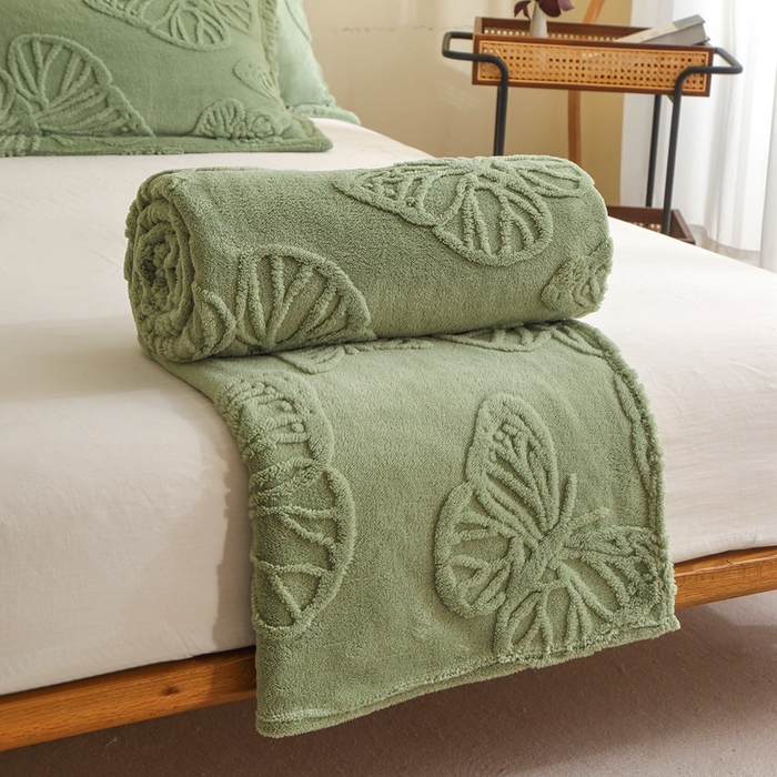 91家纺网 家纺一手货源 找家纺 栩裕纺织 2024新款蝴蝶提花卷边款多功能毛毯 抹茶绿-卷边款