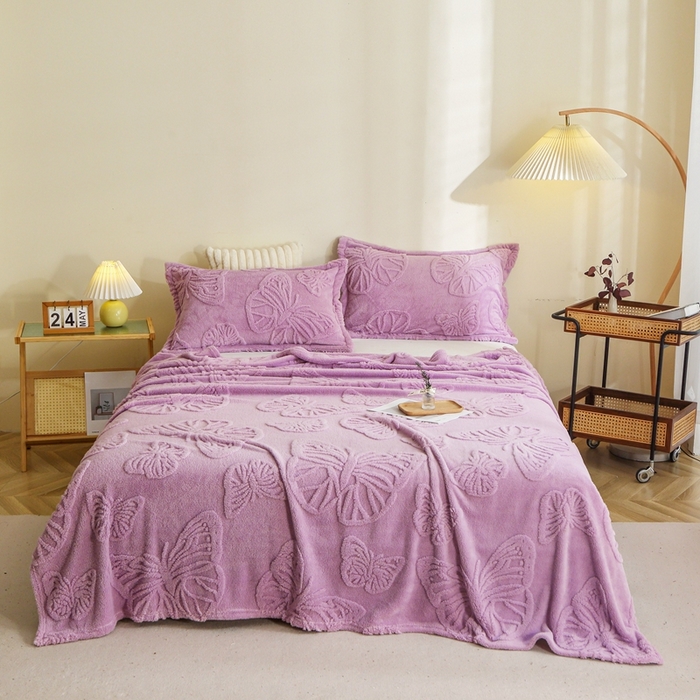 栩裕纺织 2024新款蝴蝶提花卷边款多功能毛毯 莫奈紫-卷边款