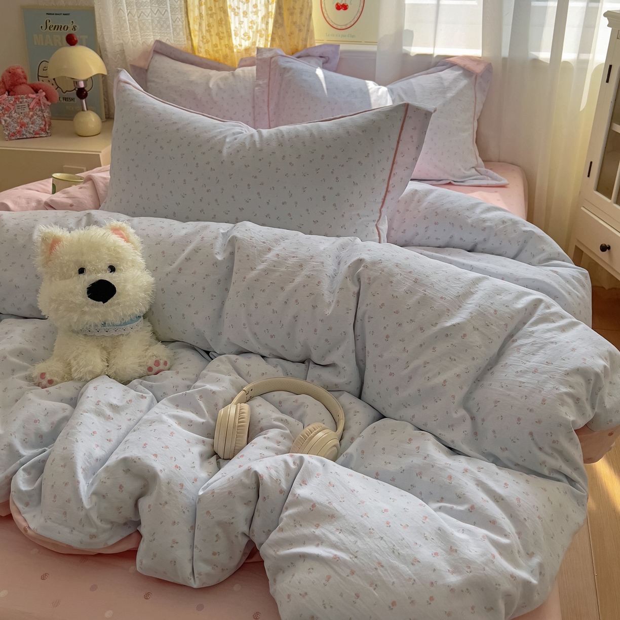 91家纺网 家纺一手货源 找家纺 亨通家纺 2025新款爆款韩国小布袋古法水洗棉云感棉四件套【提供买家秀】 紫琳-蓝