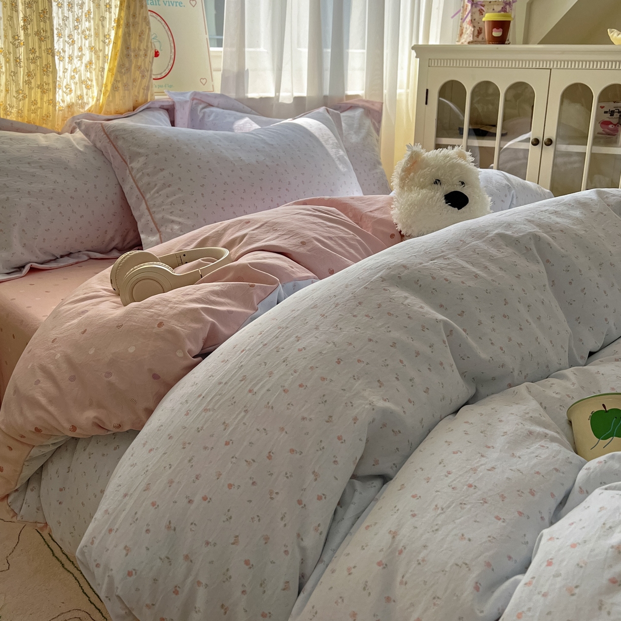 91家纺网 家纺一手货源 找家纺 亨通家纺 2025新款爆款韩国小布袋古法水洗棉云感棉四件套【提供买家秀】 紫琳-蓝