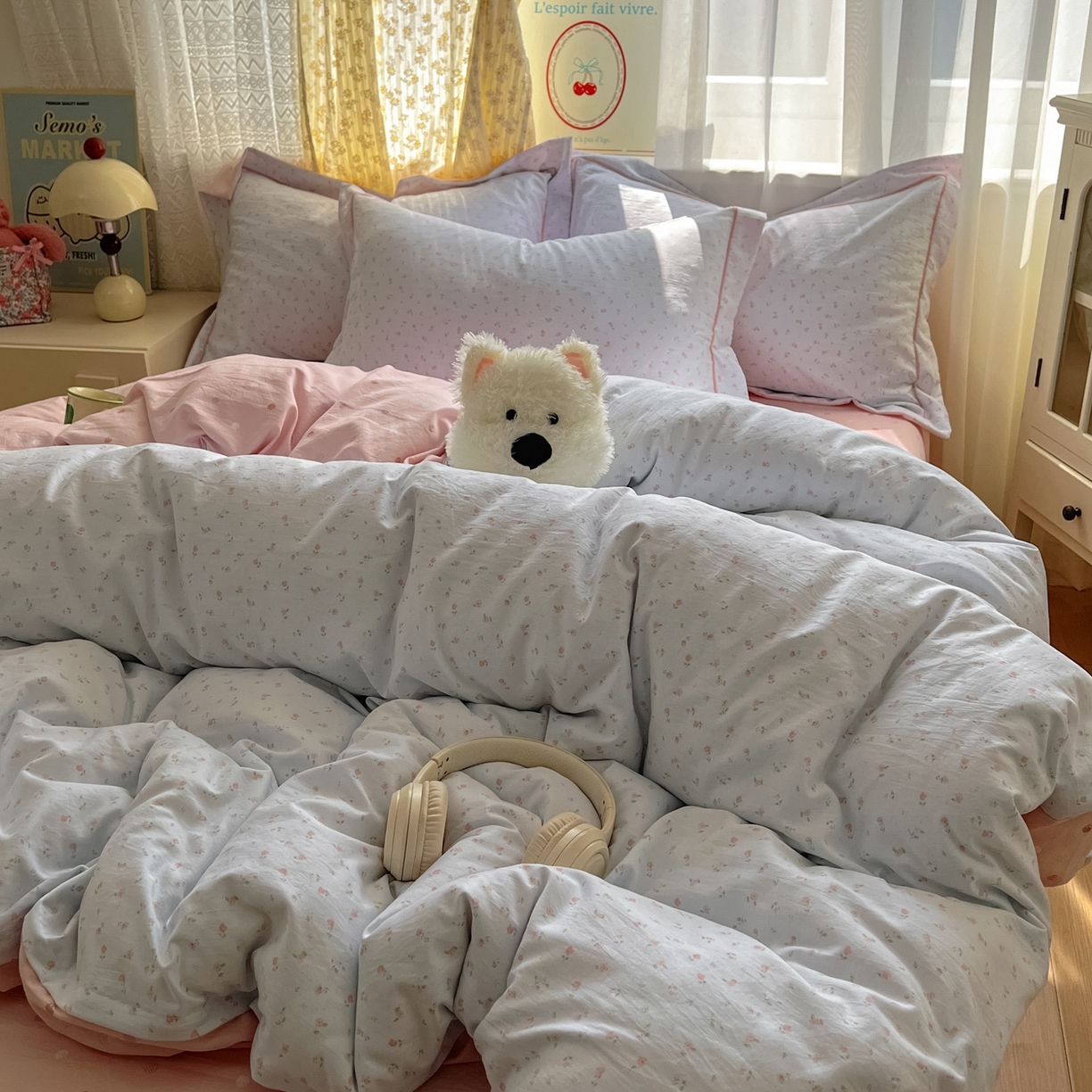 91家纺网 家纺一手货源 找家纺 亨通家纺 2025新款爆款韩国小布袋古法水洗棉云感棉四件套【提供买家秀】 紫琳-蓝