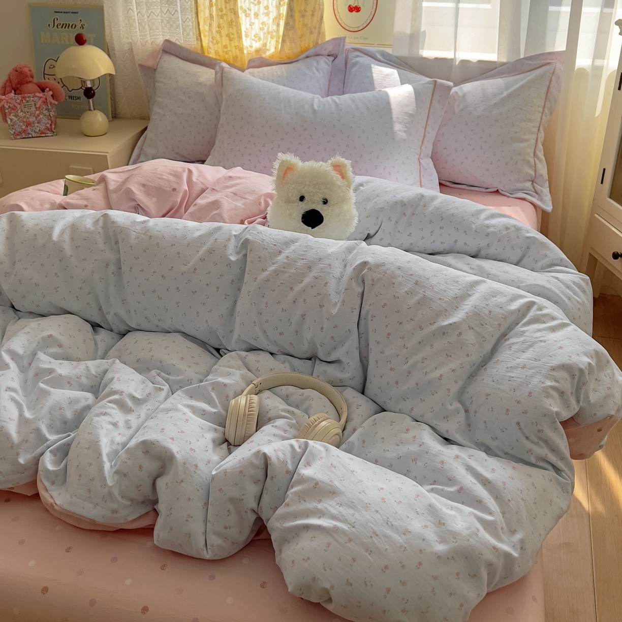 91家纺网 家纺一手货源 找家纺 亨通家纺 2025新款爆款韩国小布袋古法水洗棉云感棉四件套【提供买家秀】 紫琳-蓝