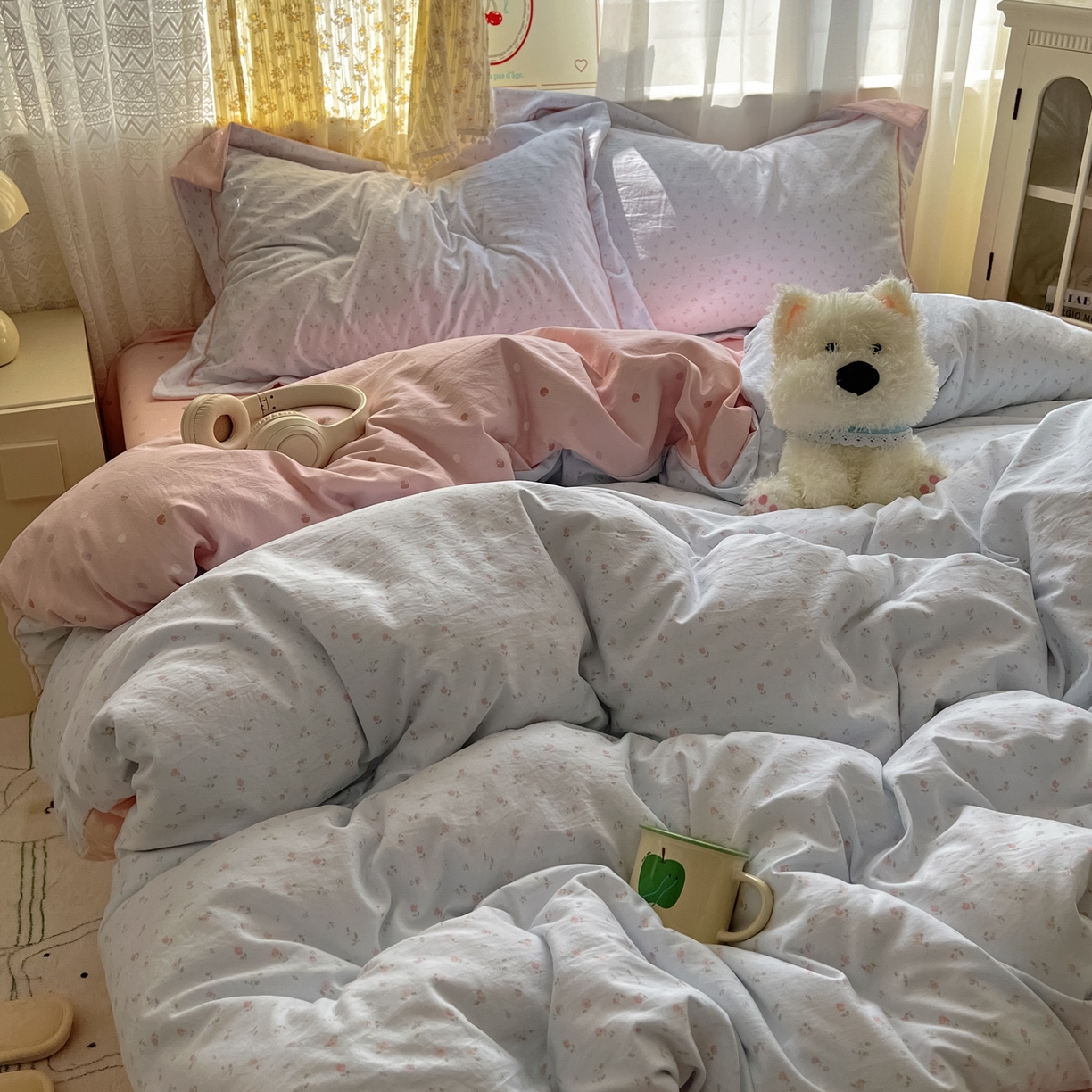 91家纺网 家纺一手货源 找家纺 亨通家纺 2025新款爆款韩国小布袋古法水洗棉云感棉四件套【提供买家秀】 紫琳-蓝