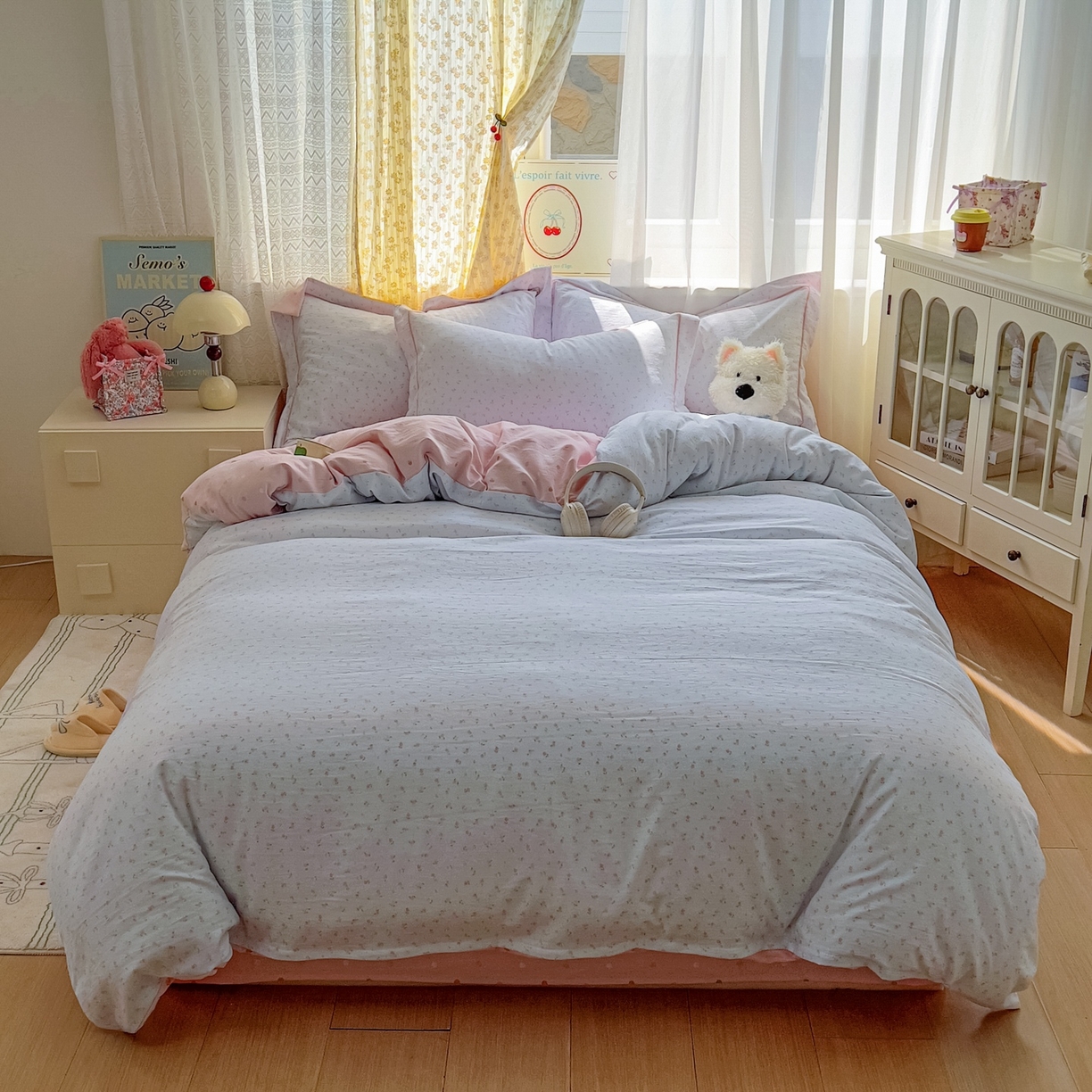 91家纺网 家纺一手货源 找家纺 亨通家纺 2025新款爆款韩国小布袋古法水洗棉云感棉四件套【提供买家秀】 紫琳-蓝