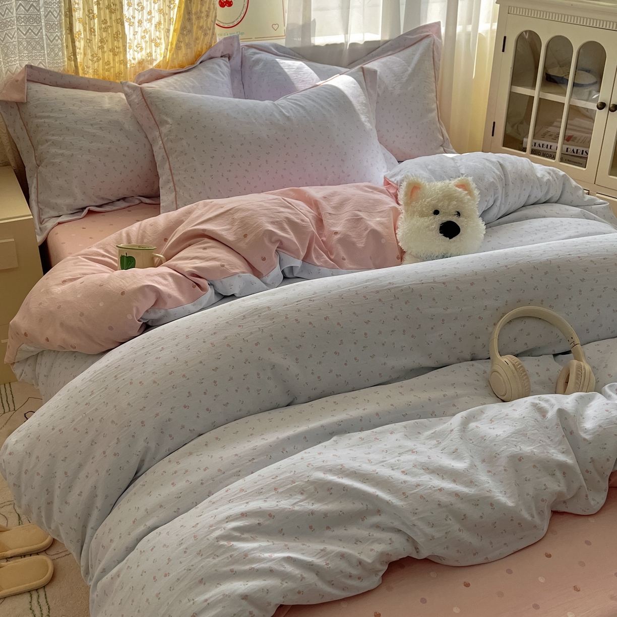 91家纺网 家纺一手货源 找家纺 亨通家纺 2025新款爆款韩国小布袋古法水洗棉云感棉四件套【提供买家秀】 紫琳-蓝