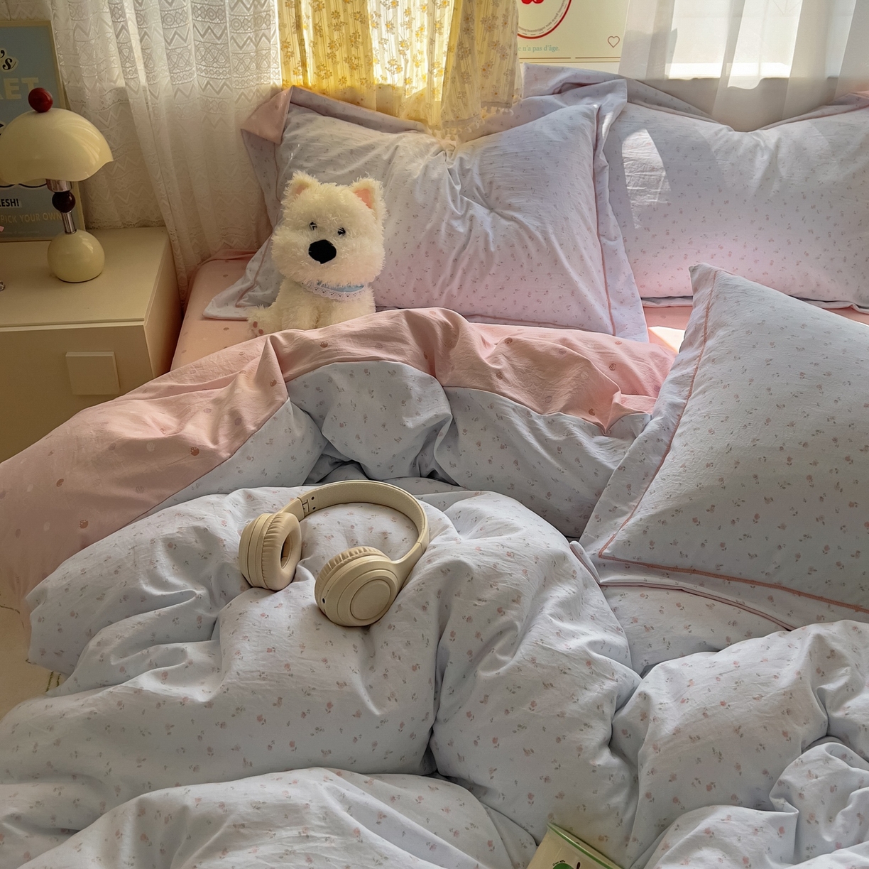 91家纺网 家纺一手货源 找家纺 亨通家纺 2025新款爆款韩国小布袋古法水洗棉云感棉四件套【提供买家秀】 紫琳-蓝