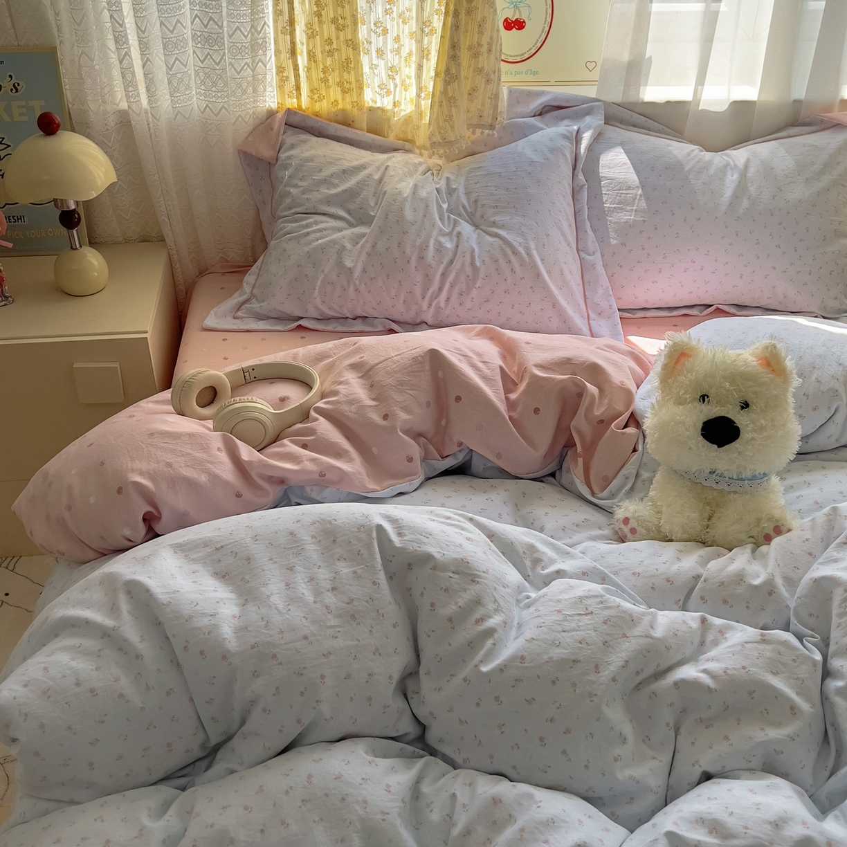 91家纺网 家纺一手货源 找家纺 亨通家纺 2025新款爆款韩国小布袋古法水洗棉云感棉四件套【提供买家秀】 紫琳-蓝