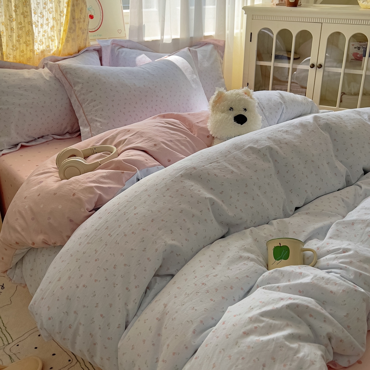 91家纺网 家纺一手货源 找家纺 亨通家纺 2025新款爆款韩国小布袋古法水洗棉云感棉四件套【提供买家秀】 紫琳-蓝