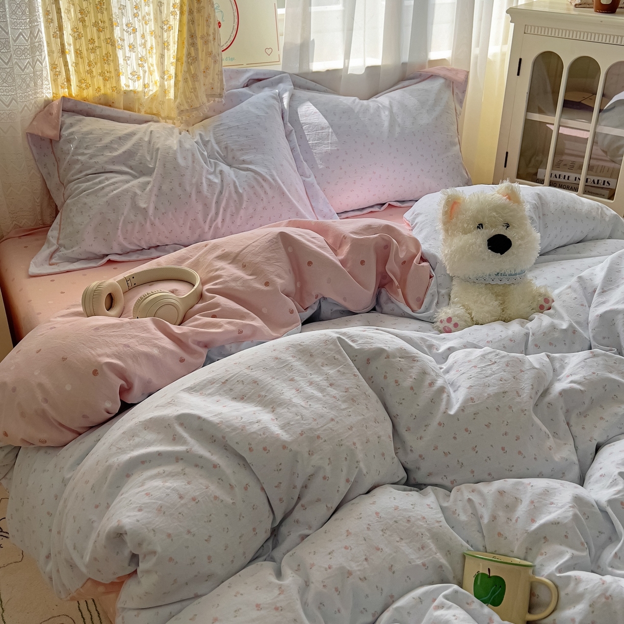 91家纺网 家纺一手货源 找家纺 亨通家纺 2025新款爆款韩国小布袋古法水洗棉云感棉四件套【提供买家秀】 紫琳-蓝