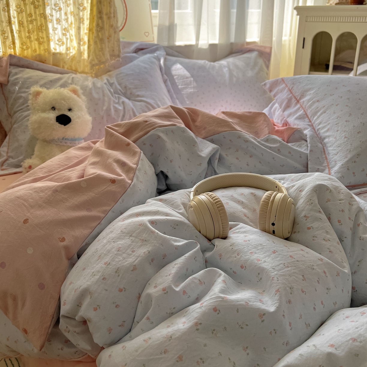 91家纺网 家纺一手货源 找家纺 亨通家纺 2025新款爆款韩国小布袋古法水洗棉云感棉四件套【提供买家秀】 紫琳-蓝