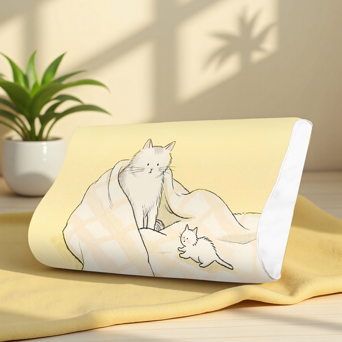 91家纺网 家纺一手货源 找家纺 小猫派 2025秋冬印花儿童高低枕可水洗亲水棉枕芯（新款9.1号有货） 安睡小猫-高低枕