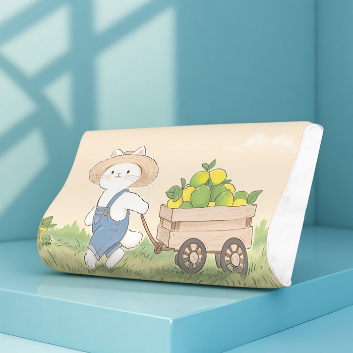 91家纺网 家纺一手货源 找家纺 小猫派 2025秋冬印花儿童高低枕可水洗亲水棉枕芯（新款9.1号有货） 柠檬小猫-高低枕