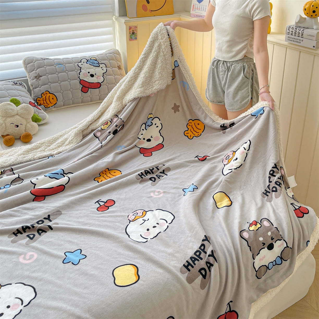 91家纺网 家纺一手货源 找家纺 雯豆家纺 2025新款双面暖绒多功能被套毯盖毯毯子 假日小狗