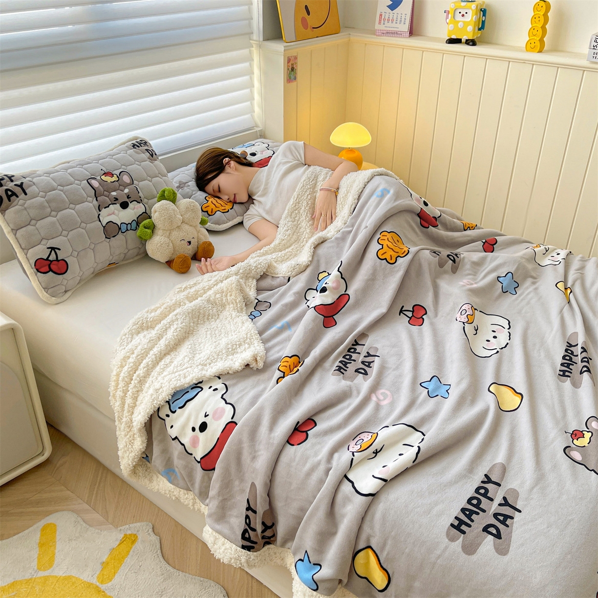 91家纺网 家纺一手货源 找家纺 雯豆家纺 2025新款双面暖绒多功能被套毯盖毯毯子 假日小狗