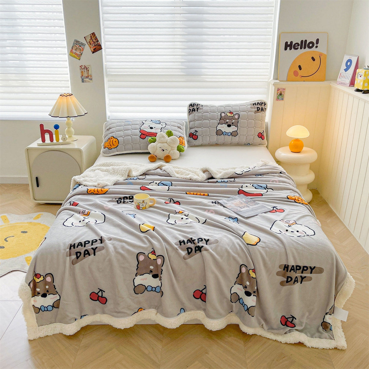 91家纺网 家纺一手货源 找家纺 雯豆家纺 2025新款双面暖绒多功能被套毯盖毯毯子 假日小狗