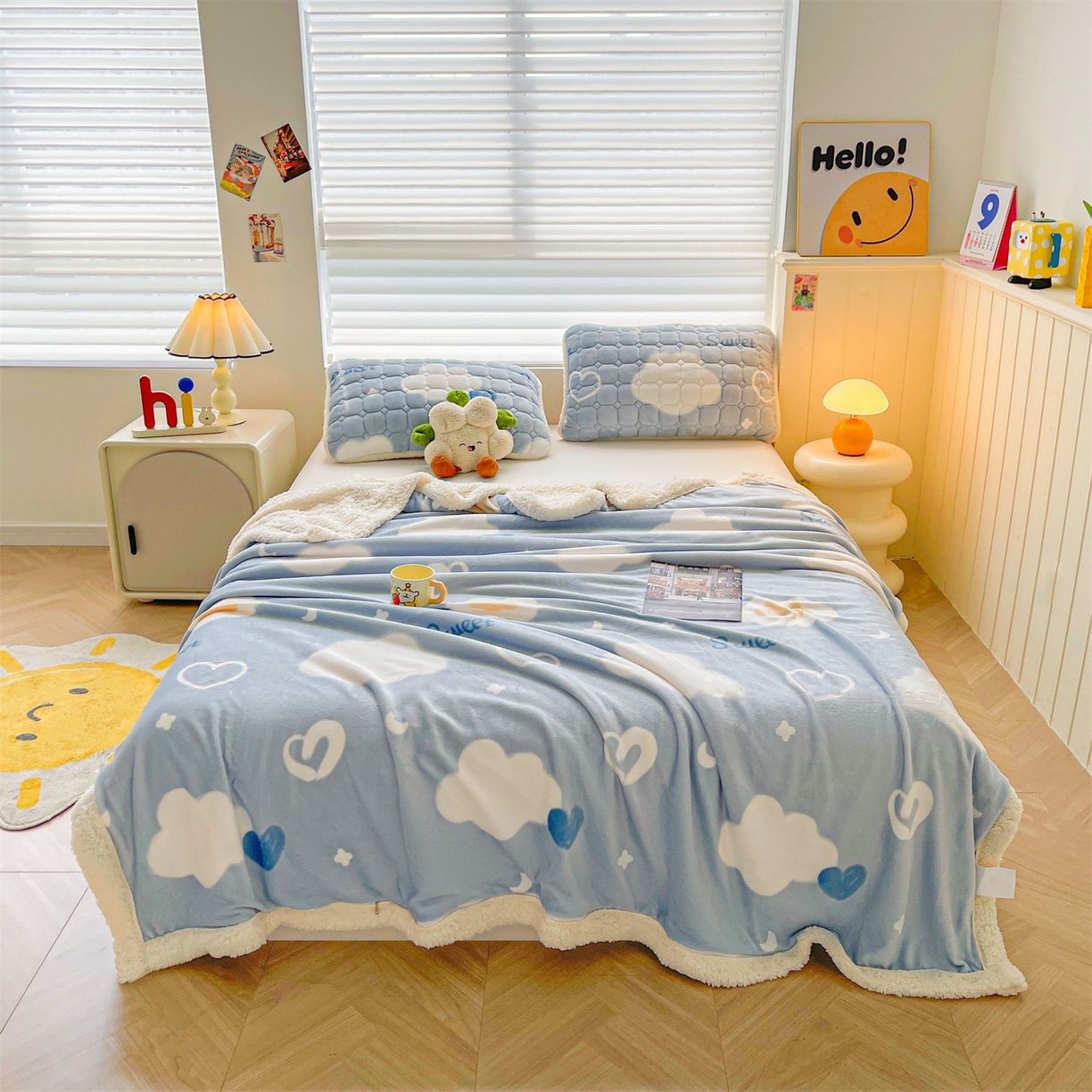 91家纺网 家纺一手货源 找家纺 雯豆家纺 2025新款双面暖绒多功能被套毯盖毯毯子 爱心云