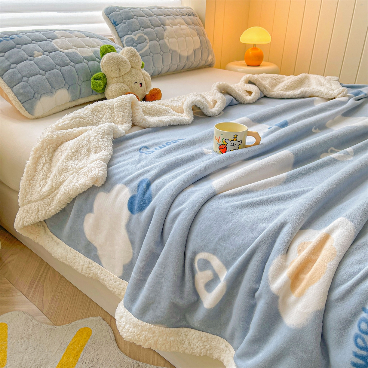 91家纺网 家纺一手货源 找家纺 雯豆家纺 2025新款双面暖绒多功能被套毯盖毯毯子 爱心云