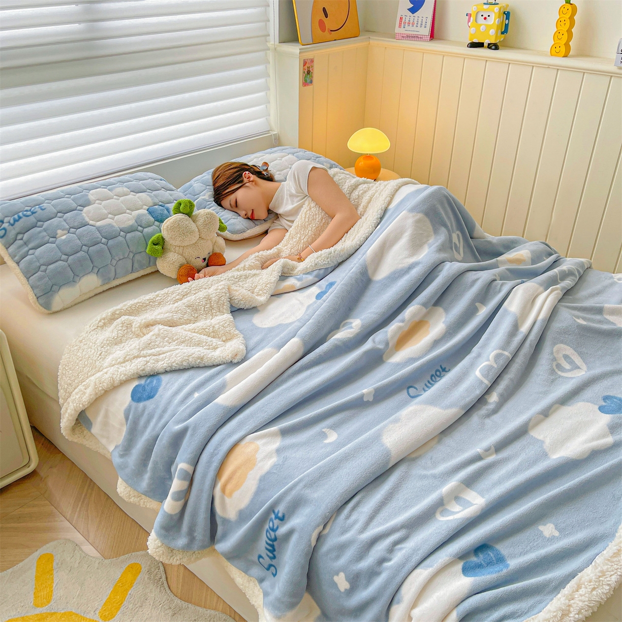 91家纺网 家纺一手货源 找家纺 雯豆家纺 2025新款双面暖绒多功能被套毯盖毯毯子 爱心云