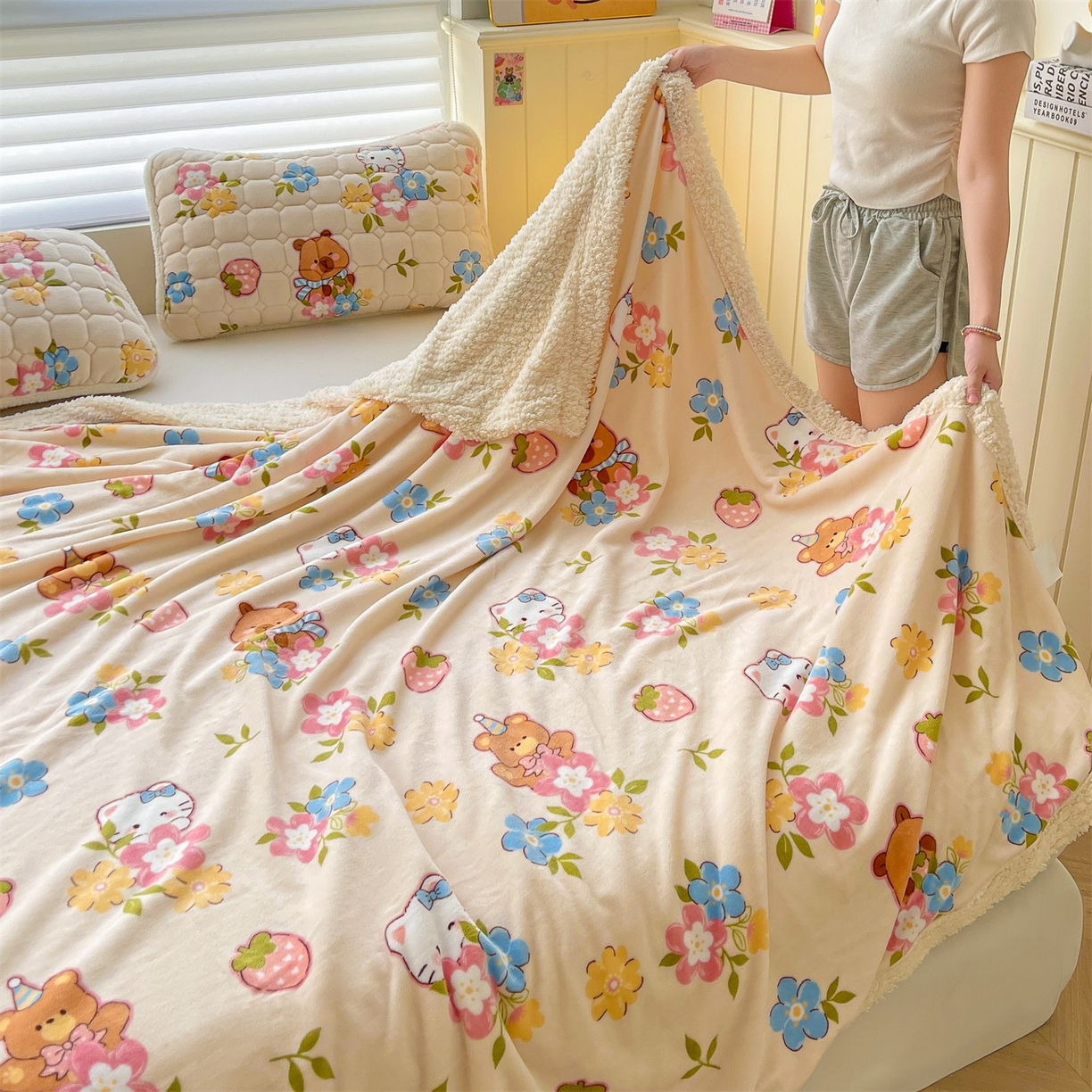 91家纺网 家纺一手货源 找家纺 雯豆家纺 2025新款双面暖绒多功能被套毯盖毯毯子 彩色萌宠