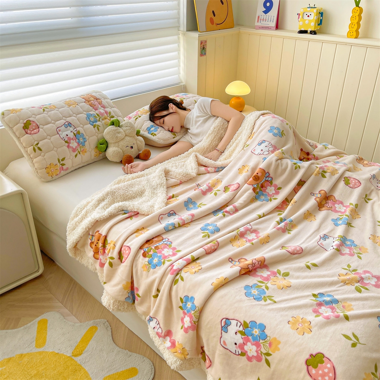 91家纺网 家纺一手货源 找家纺 雯豆家纺 2025新款双面暖绒多功能被套毯盖毯毯子 彩色萌宠